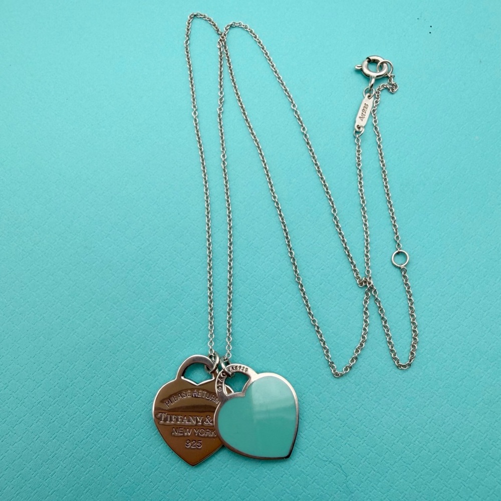Tiffany & Co. 16-18” Adjustable Blue Enamel Double Rtt Small Hearts Necklace - Picture 4 of 9